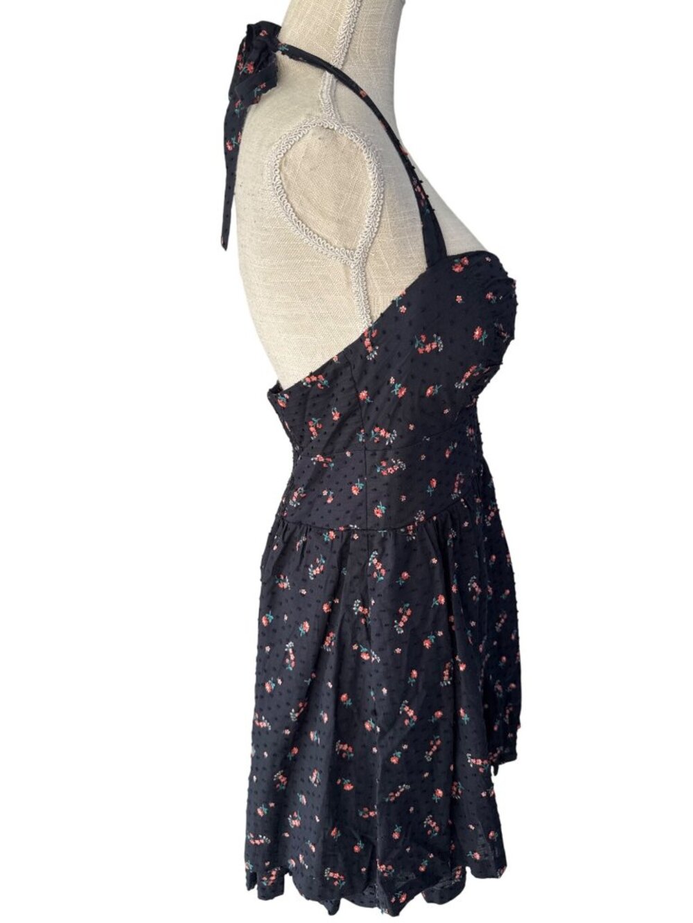 Guess Floral Halter Dress Black With Dotted Texture & Red Flowers Zip Back Size - Picture 5 of 11